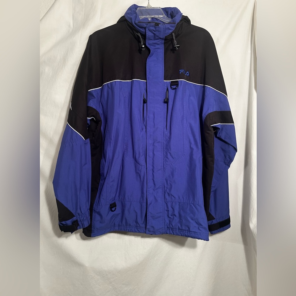 MENS XL FILA BLUE BLACK WAFFLE PRINT ZIP SNAP JACKET W/HOOD